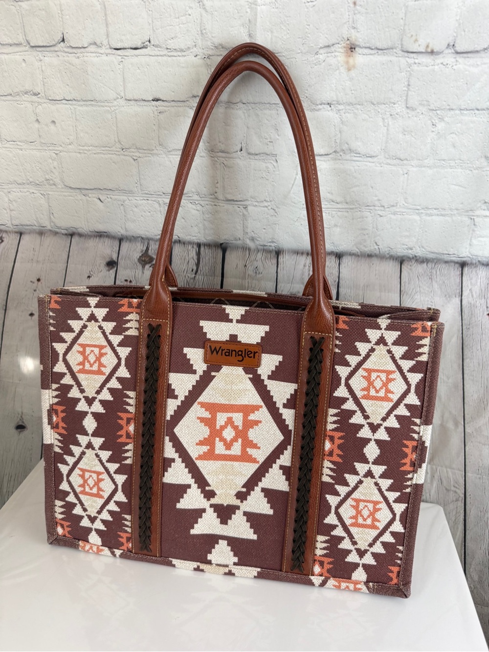 Wrangler Brown, Orange & Cream Geometric Tote
